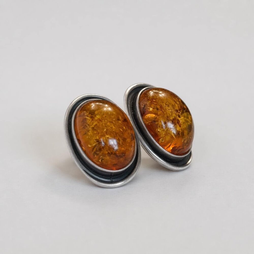 Vintage Amber Sterling Silver Stud Earrings Oval Cabochon Cognac Baltic Style 9g